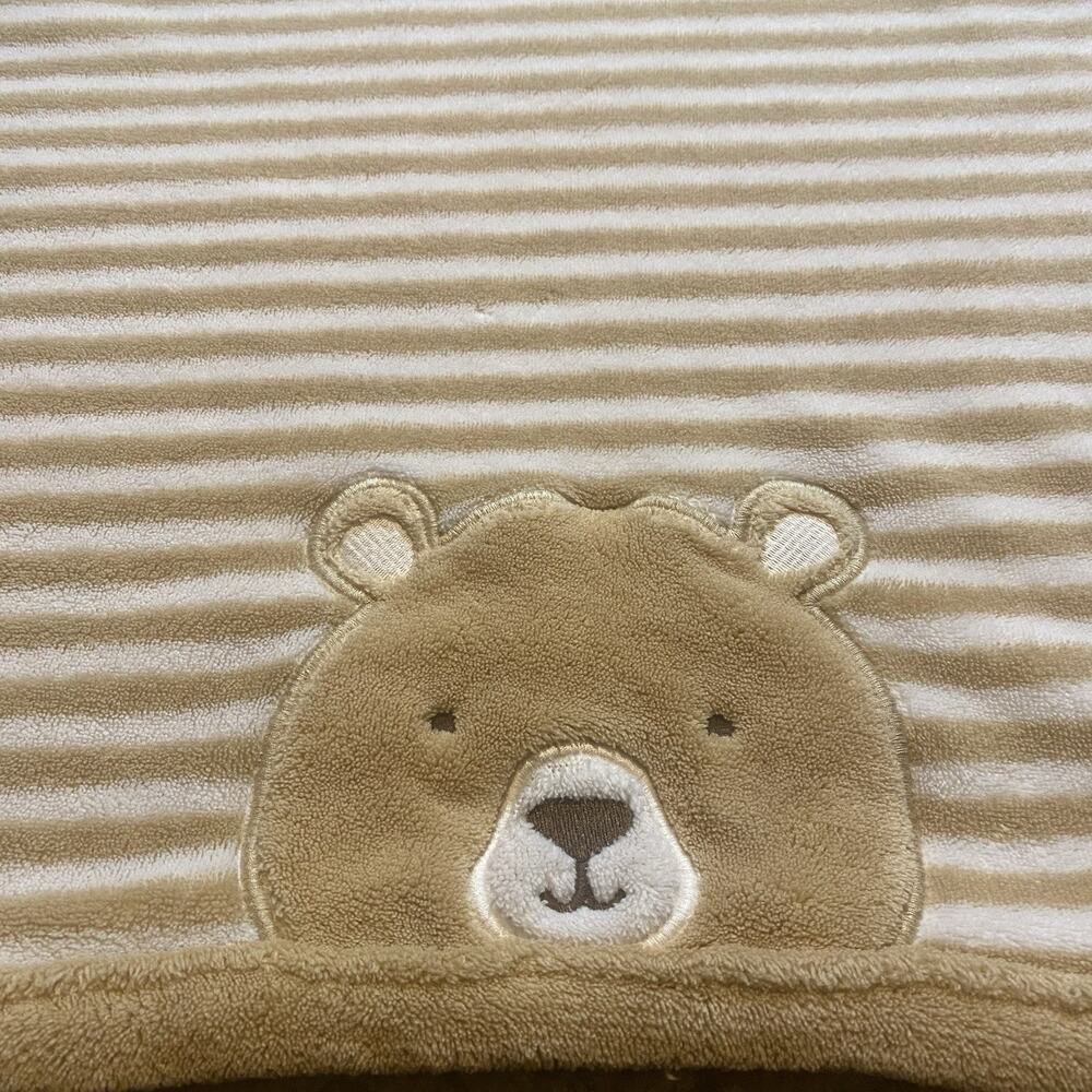 Just One You Carter's Bear Striped Fluffy Baby Blanket TanWhite VTG Soft Comfort